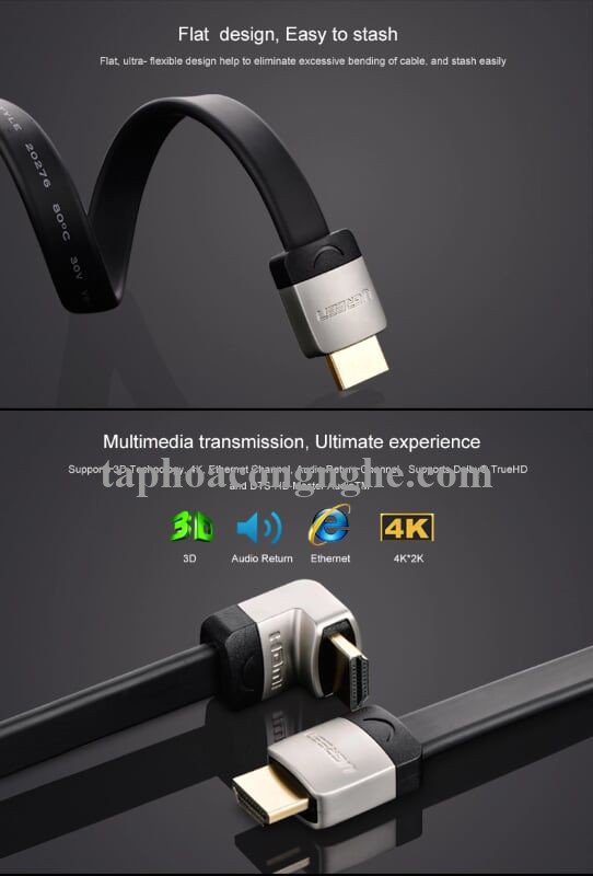 Ugreen 10280 3M màu Đen Cáp tín hiệu HDMI chuẩn 1.4 đầu góc 90 độ HD122 30010280
